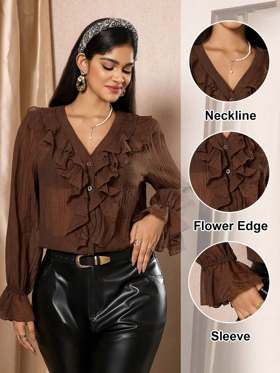 Zelara 大码优雅纯色荷叶边衬衫 - 咖啡棕 - 查看 1