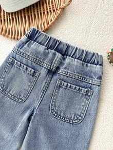 SHEIN Baby Girl Pink Cartoon Rabbit Pattern Blue Denim Loose Harem Pants,Pink And Blue,Summer,Casual,School,Fall,Winter,Fashionable Streetwear,2000s Jeans - Medium Wash - View 10