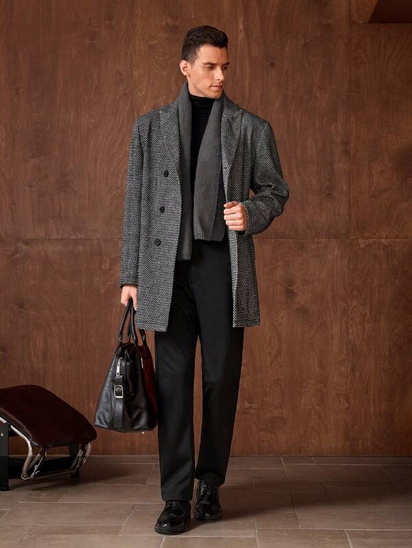 Herren Vintage Stil Ästhetik des alten Geldes Knopfleiste Fischgrätmuster Wolljacke in Knielänge, Edler Gentleman Lässig Komfort Urlaubsmode, Pendler Mode vielseitiger Stil, Herbst/Winter