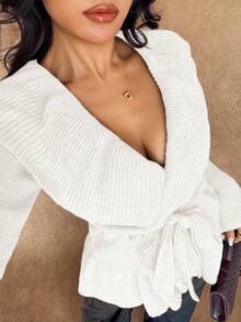 Islaluna Women's Basic Minimalist Elegant French Fashion Romantic Tie-Front Cardigan White Cardigan Woman White Knit Cardigan Cardigan With Tie Long Sleeve Cardigan Ruffle Trim Cardigan - Beige - View 5