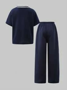 SHEIN Tween Girl Slogan Print Short Sleeve T-Shirt And Pants Set - Navy Blue - View 2