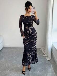 Modelyn Animal Print Leopard Pattern Boat Neck Cinched Waist Long Sleeve Mesh Dress, Autumn - Multicolor - View 7