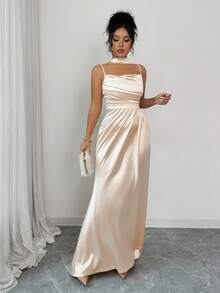 Elenzga French Fashion Women's Spaghetti Strap Front Pleated Waist Ruched A-Line Dress, Versatile & Elegant For Birthday Party, Banquet - Champagne - View 6