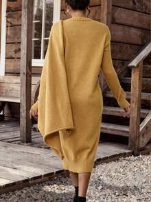 SHEIN LilyWest Western Style Versatile V-Neck Long Sleeve Poncho Sweater Dress, Suitable For Multiple Occasions, Versatile Women's Knit Dress - Brown - View 2