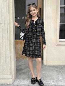 Serisse Kids 2 件青少年女孩休闲通勤时尚优雅黑白格子背带裙搭配撞色金属纽扣装饰夹克，时尚日常穿着，秋冬 - 黑與白 - 查看 7