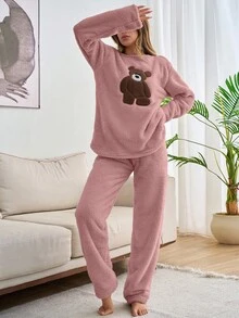 EURMUSE Plus 2pcs Plush Bear Embroidery Detail Homewear PJ Set - Dusty Pink - View 5