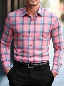 Camisa de manga larga informal a cuadros con botones delanteros para hombre, Navidad - Rosa - Ver 6