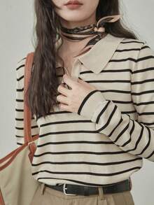 Blusa suéter para mujer manga larga cuello polo rayas beige negro casual dama cómoda suave ligera elegante otoño invierno oficina diario estilos acogedores de otoño&invierno blusas para mujer suéteres de mujer moda coreana básica moderna - Beis - Ver 2