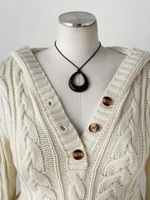 Sunspun Áo len cổ chữ V cài nút, dáng ôm, dệt kim cáp màu trơn, thu/đông - Màu be - Xem 3