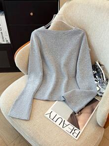 SHEIN Franclia 法式优雅手工3D立体花卉喇叭袖毛衣 - 灰色 - 查看 2