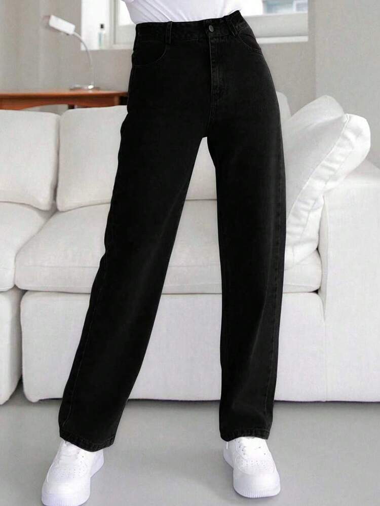 DAZY Women's High Waist Pockets Straight Loose Casual Versatile Denim Jeans - Black - View 4