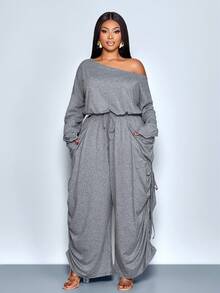 SOLERSUN Bộ jumpsuit nữ cỡ lớn màu trơn mới, cổ áo bất đối xứng, tay dài, ống rộng, kiểu dáng thời trang và đa năng với túi lớn, phù hợp cho các bữa tiệc, buổi hòa nhạc, phong cách mới năm 2026, thời trang đường phố, trang phục hàng ngày. - Xám - Xem 3