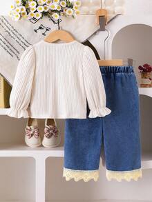 2 Stücke Mädchen elegantes Outfit Set: Beige Chiffon Langarm Top mit Perlknöpfen und floralem Design und gerade geschnittene Hose, Herbst - Aprikosenfarben - Übersicht 2