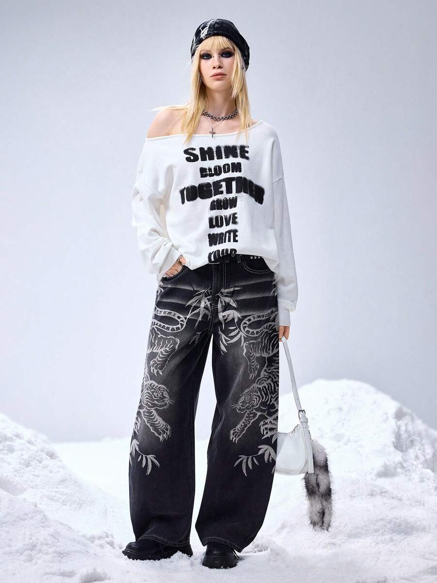 ROMWE Grunge Punk Y2K Subculture Chinese Tiger Rhinestone Embellished Loose Fit Women Jeans - Navy Blue - View 1