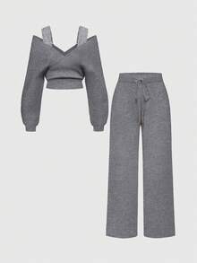 ROMWE Kawaii 1 Set Women Shoulder Strap V-Neck Lace Strap Loose Wide-Leg Pants Comfortable Home Sweater Two Pieces Set