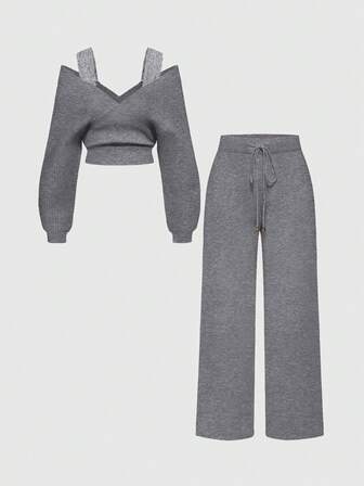 Kawaii 1 Set Women Shoulder Strap V-Neck Lace Strap Loose Wide-Leg Pants Comfortable Home Sweater Two Pieces Set