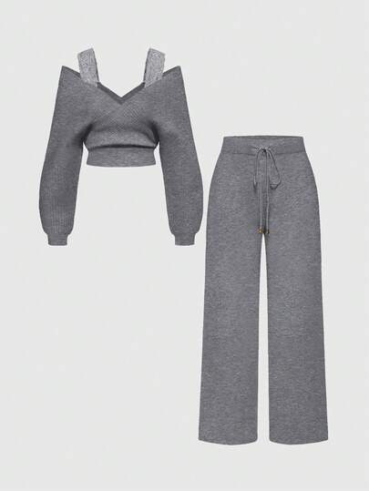 Kawaii 1 Set Donna Tuta Comoda da Casa, Composta da Pantaloni Larghi con Cinturini in Pizzo e Maglia Smanicata con Scollo a V