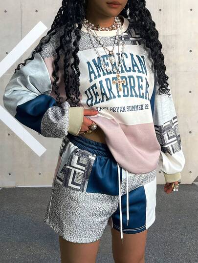 INAWLY Color Block Oversized Crew Neck Long Sleeve Sweatshirt + Shorts Set