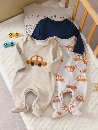 3pcs/Set Newborn Baby Romper Outfit, Cute Cartoon Car Embroidery & Print Long Sleeve Footed Jumpsuit, Infant Sleepwear Pajamas Set