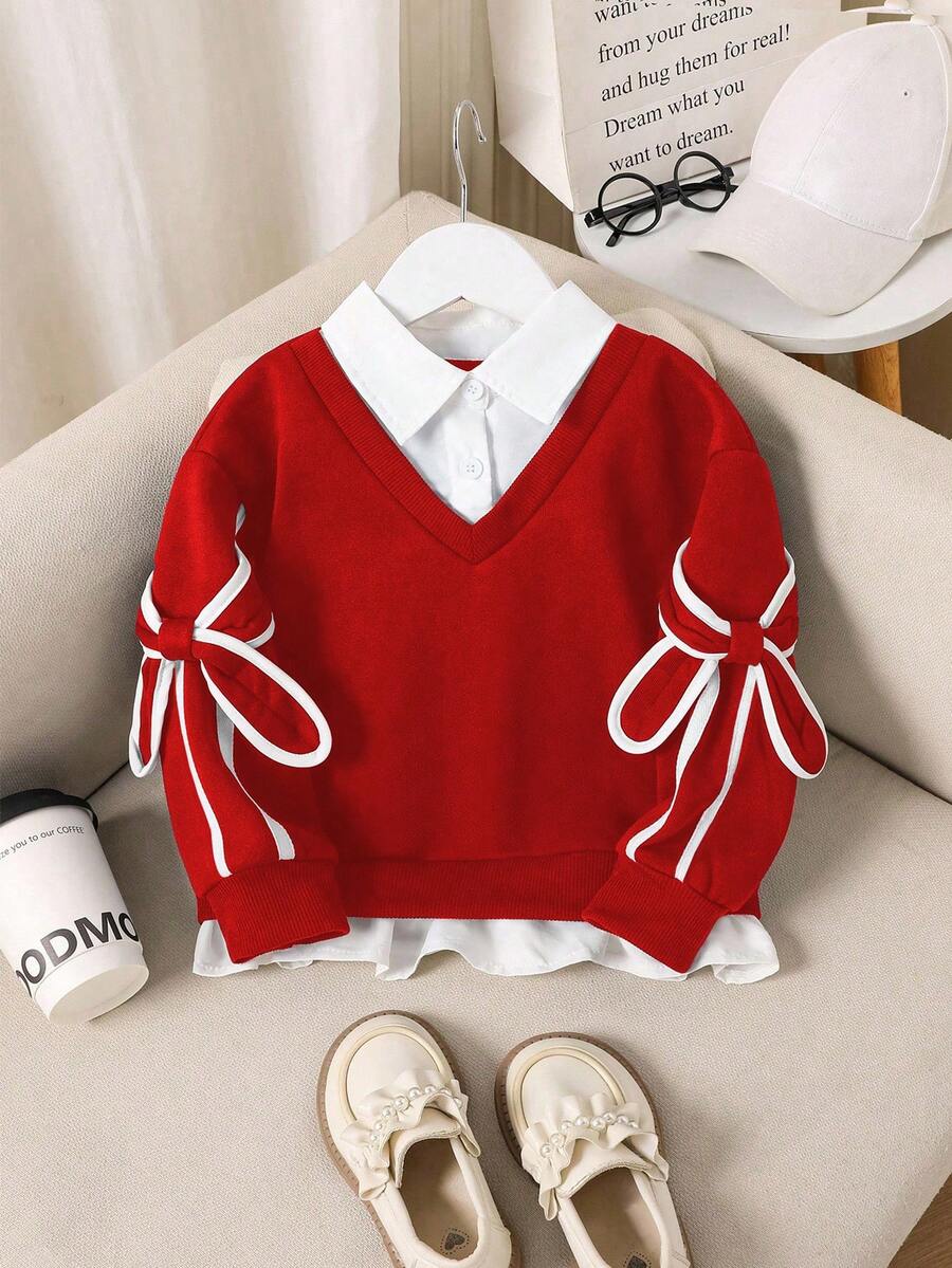 Sparklyn Áo nỉ dài tay cổ tròn thanh lịch Colorblock Twist dành cho bé gái tuổi mới lớn - Đỏ - Xem 1