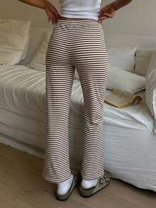 Tween Girls Casual Matching Navy Blue & White Striped Bow Decor Halter Wide Leg Pants Set - Brown - View 7