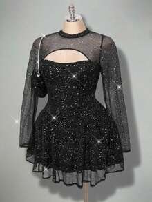 SHEIN ICON فستان نسائي كبير الحجم بياقة مستديرة وتصميم شبكي لامع بأكمام طويلة وتصميم مفرغ - الأسود - مشاهدة 4