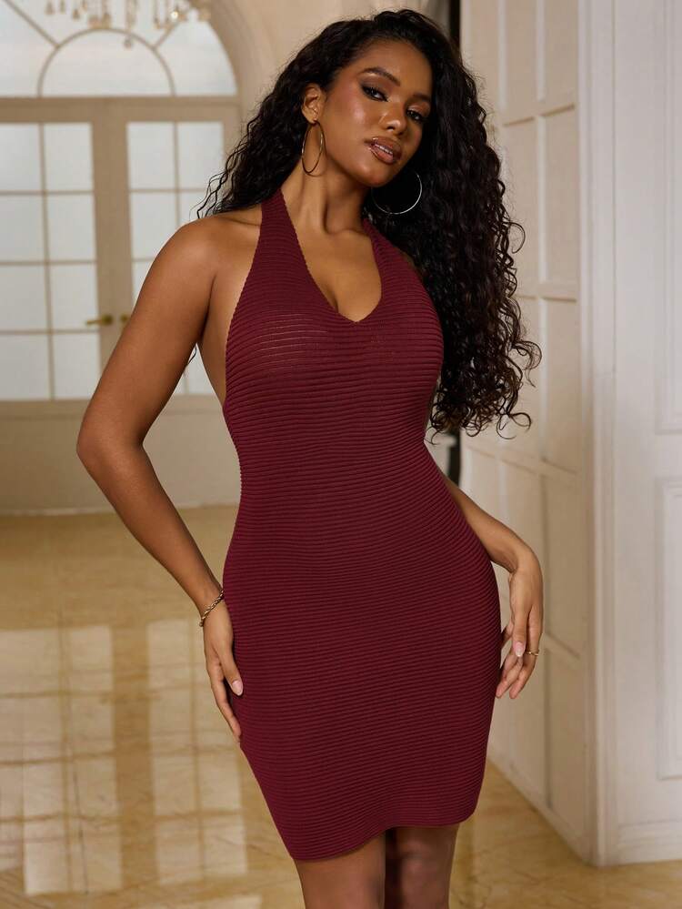 Women's Solid Color V-Neck Backless Fitted Sexy Halter Knit Dress Christmas Summer Women Dresses Sundress Y2k Cruise Outfit For Women