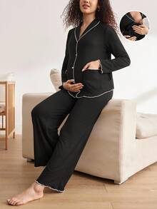 Moonlight&Mama 舒适波浪荷叶边黑色弹力简约翻领长袖上衣和裤子睡衣套装，适合秋季、秋冬季穿着的舒适孕妇睡衣套装 - 黑色 - 查看 1