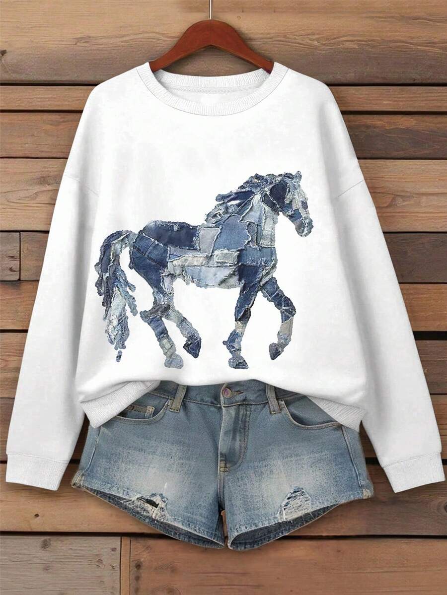 EMERY ROSE Women's Casual Horse Print Crew Neck Sweatshirt, Autumn/Winter - White - View 1