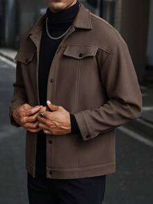Manfinity CasualCool Men's Casual Everyday Commute Simple Solid Color Zip-Up Lapel Jacket, Autumn Western Men Woolen Shacket Brown Jackets - Coffee Brown - View 4