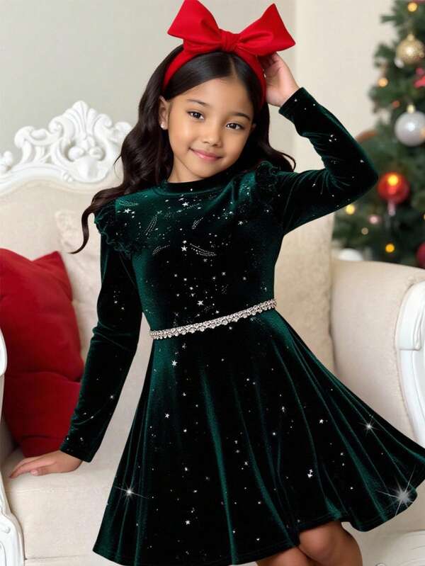 Tween Girl Solid Velvet Knit Ruffle Hem Long Sleeve Dress, Suitable For Casual Everyday Wear And School In Autumn/Winter, Green Dress Ideal For Christmas, Parties, Birthday, Princess Occasions