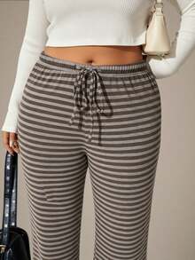 Auralis White Sequence,Autumn,Smart Casual,Everyday Retro Plus Size Brown Striped Straight Leg Pants,Y2K Drawstring Waist Soft Knit Trousers,College Style - Multicolor - View 6