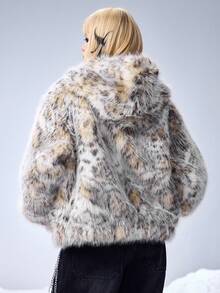 ROMWE EDITION Gray Ombre Polka Dot Faux Fur Hooded Cardigan - Multicolor - View 3