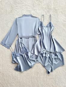 SHEIN 四件套：刺绣V领仿丝吊带睡裙、吊带上衣、短裤和睡袍，秋冬服装 - 霧霾藍 - 查看 2