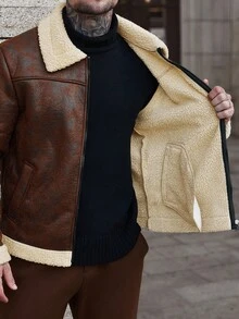 Manfinity CasualCool 2025男士秋冬户外夹克，撞色领拉链长袖夹克，秋冬款，2025仿麂皮夹克，保暖内衬夹克 - 咖啡棕 - 查看 8