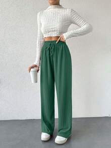 EURMUSE Elastic Waistband Drawstring H-Shape Wide Leg Design Casual Women's Long Pants