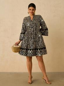 Travachic 大码女式花卉亮片V领喇叭袖优雅连衣裙 - 黑色 - 查看 6