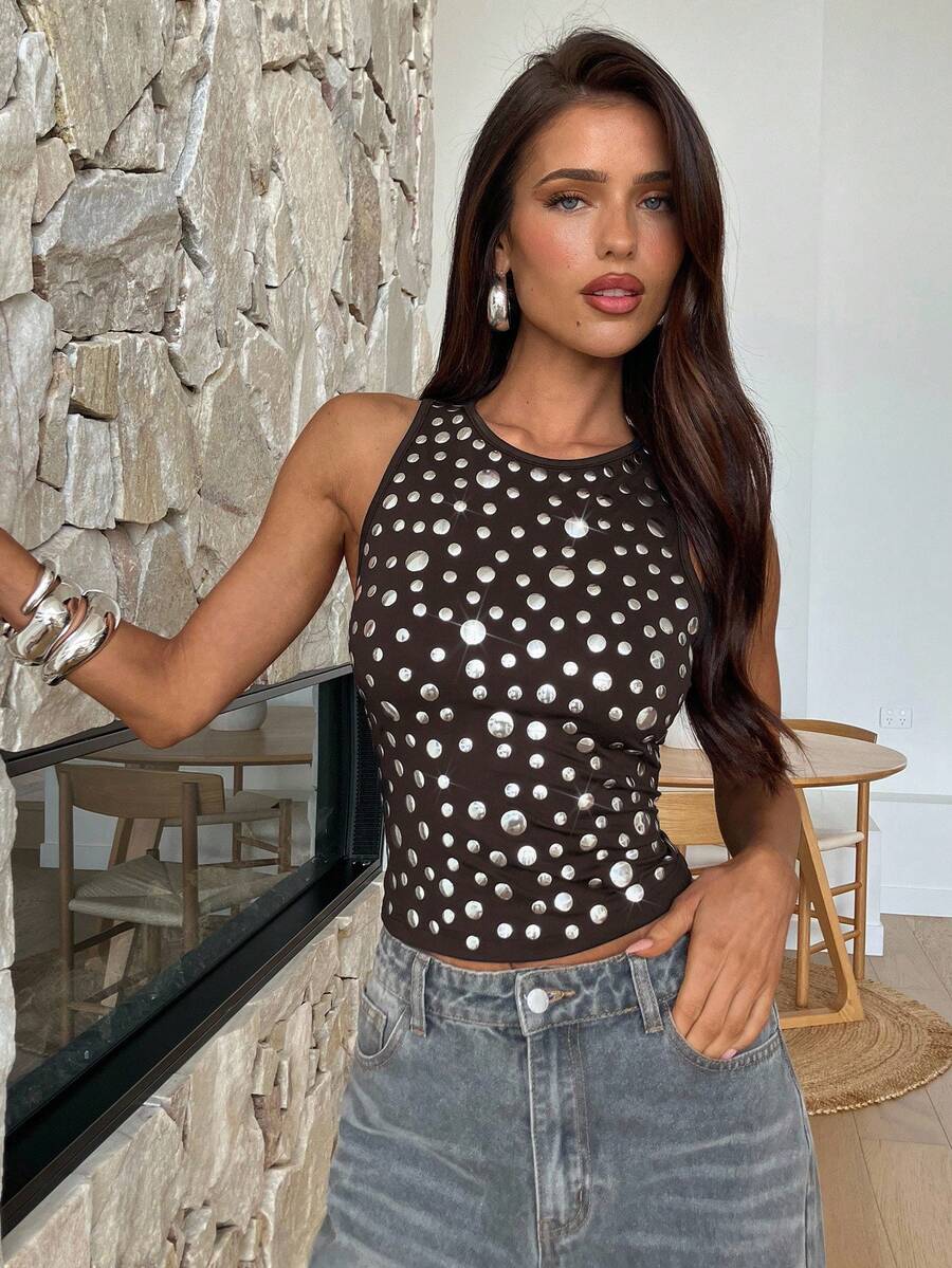 Aloruh Áo crop top hở vai cổ tròn đính đinh tán thời trang Y2K dành cho nữ