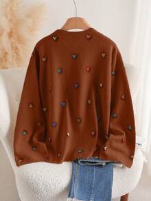 CosyJoli Plus Size Women Casual Fancy Heart & Peach Graphic Long Sleeve Sweater In Fall/Winter/Valentine's Day - Brown - View 2