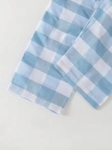 Baby Boys Pajamas-2 Piece Pajama Set Gingham Check Pajama Set Blue White Long Sleeve Collared Button Down Top Elastic Waist Long Pants Pocket Sleep Embroidery Lightweight Breathable Year Round Four Season Sleepwear Loungewear New Year 2026 Holiday Essential - Blue - View 5