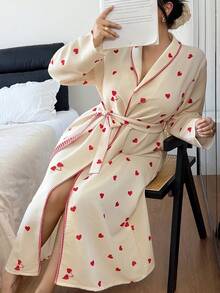 Dream Adore Plus Size Women Red Plaid Patchwork Lapel Heart Print Long Robe Heart Print Robe Pajamas Gown For Woman Suitable For Valentine's Day - Apricot - View 6
