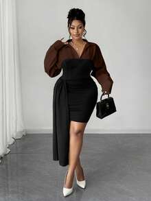 Maweii Plus Size Asymmetrical Ruffle Hem Contrast Color Block Bodycon Dress - Brown - View 4
