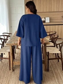 SHEIN LUNE 大码休闲纯色衬衫和裤子两件套 - 寶藍色 - 查看 2