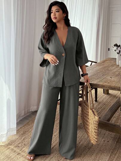 Weeklong Plus Size Solid Color Deep V-Neck Single-Breasted Top And Long Pants Elegant 2 Pieces Set