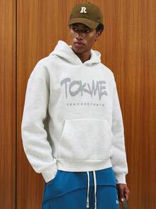 TOKVUE 男士字母印花长袖口袋休闲连帽衫 - 淺灰色 - 查看 5