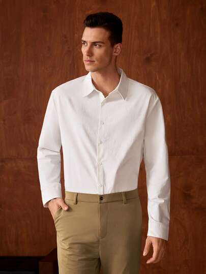 Officeau 男士正装白衬衫，复古风格，尽显老钱气质，100%纯棉纯色，门襟纽扣长袖衬衫，经典百搭，优雅休闲，商务休闲皆宜，四季皆可穿着，适合秋季、春季至夏季穿着。