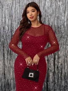 Gownix Bộ váy dài tay lưới mỏng đính đá Rhinestone trang trí cỡ lớn và váy ngủ - Màu Đỏ Sâu - Xem 2