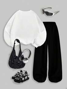 Sparklyn Teenager Mädchen 2-teiliges Set KPOP Idol & Herz Grafik weißer Rundhals Sweatshirt & schwarze Jogginghose Outfit, lässig modisch warmer Sweatshirt, geeignet für Herbst/Winter