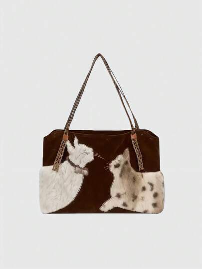 Fairycore 1 Stück braune Millennium Babe Vintage bestickte Katzen-Grafik einzigartige gewebte Riemen Große Kapazität Mehrzweck-Tragetasche, modischer minimalistischer wilder Stil Damen Schultertasche, geeignet für Pendeln, Schule, Reisen, Partys, Einkaufen