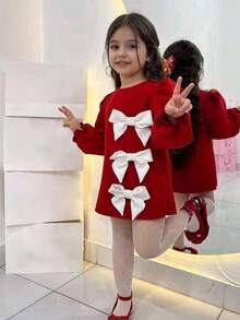 SHEIN Robe élégante à col rond et à ligne A avec nœud blanc contrastant pour jeunes filles, Noël, rouge, princesse, mignonne, velours, fête, rassemblement, assortie à la sœur, tenue pour meilleures amies - Rouge - Voir 5